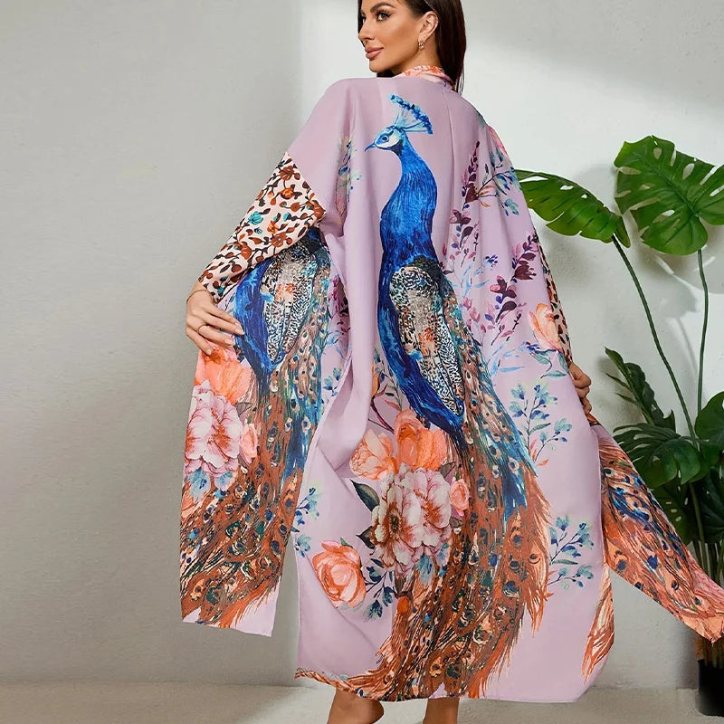Européen et américain rétro ample grande taille mi-long kimono cardigan été plage protection solaire couvrir bikini maillot de bain vêtements d'extérieur Yukata lâche cardigan vêtements d'extérieur - Violet