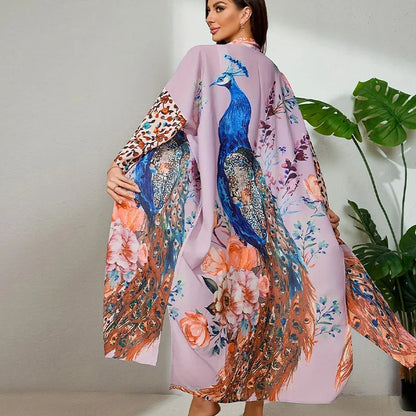Européen et américain rétro ample grande taille mi-long kimono cardigan été plage protection solaire couvrir bikini maillot de bain vêtements d'extérieur Yukata lâche cardigan vêtements d'extérieur - Violet