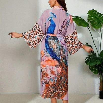 Européen et américain rétro ample grande taille mi-long kimono cardigan été plage protection solaire couvrir bikini maillot de bain vêtements d'extérieur Yukata lâche cardigan vêtements d'extérieur - Violet