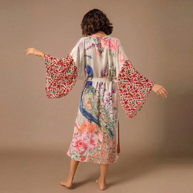 Européen et américain rétro ample grande taille mi-long kimono cardigan été plage protection solaire couvrir bikini maillot de bain vêtements d'extérieur Yukata lâche cardigan vêtements d'extérieur - BLANC