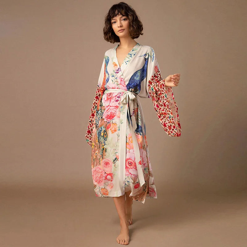 Européen et américain rétro ample grande taille mi-long kimono cardigan été plage protection solaire couvrir bikini maillot de bain vêtements d'extérieur Yukata lâche cardigan vêtements d'extérieur - Rose