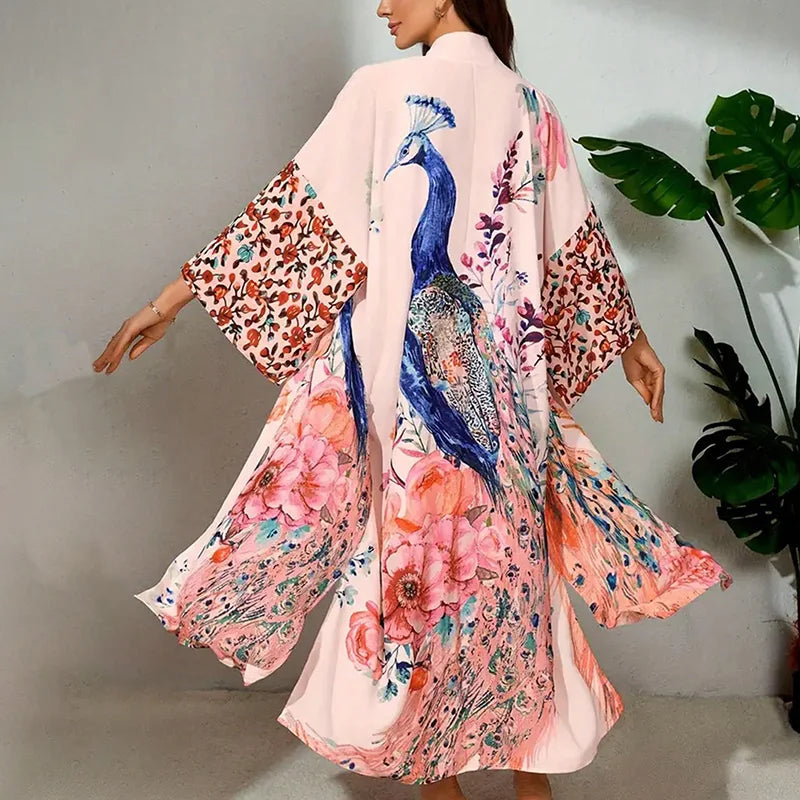 Européen et américain rétro ample grande taille mi-long kimono cardigan été plage protection solaire couvrir bikini maillot de bain vêtements d'extérieur Yukata lâche cardigan vêtements d'extérieur - Rose