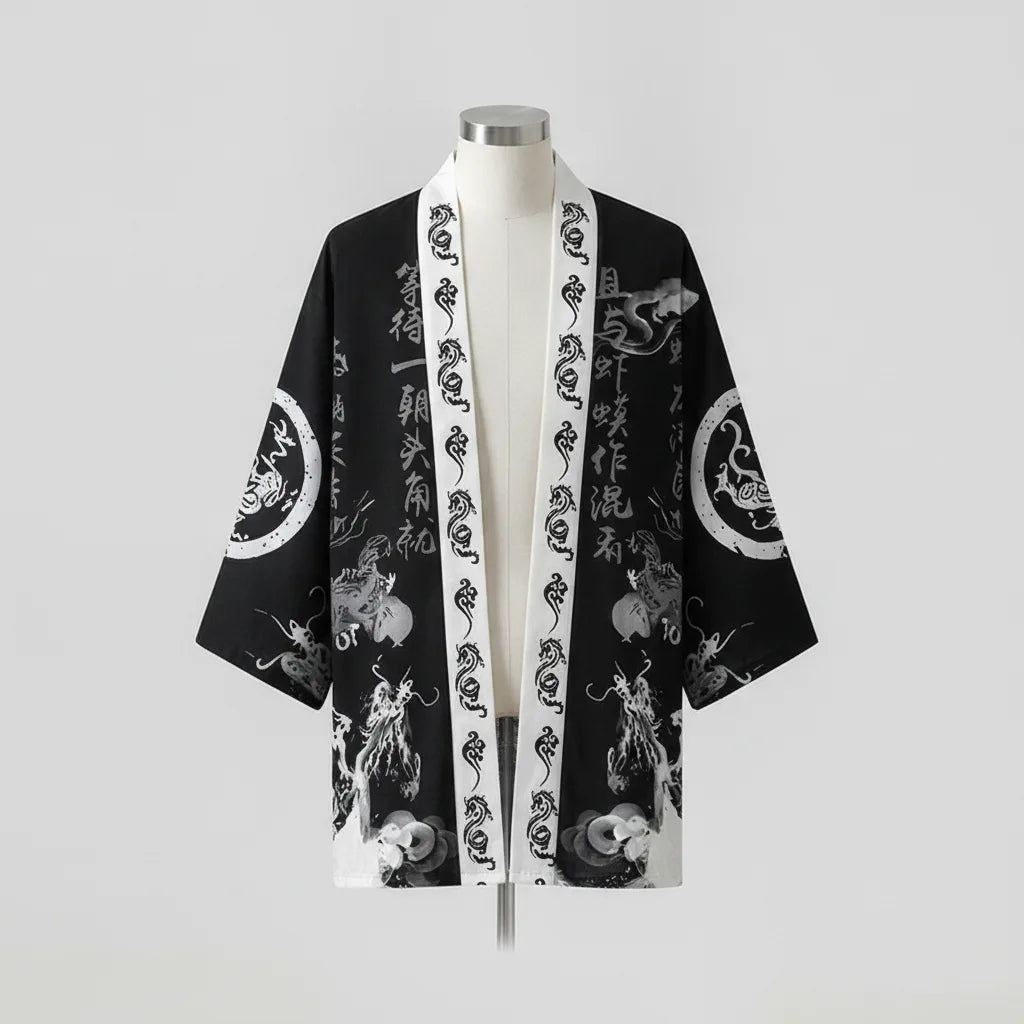 Cardigan kimono homme motif dragon calligraphique
