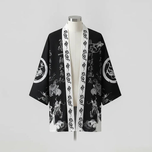 Cardigan kimono homme motif dragon calligraphique
