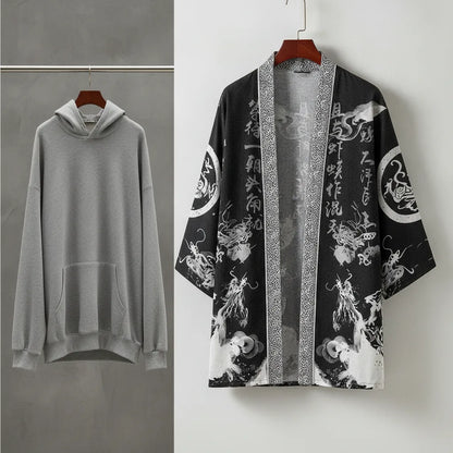 Cardigan kimono homme motif dragon calligraphique