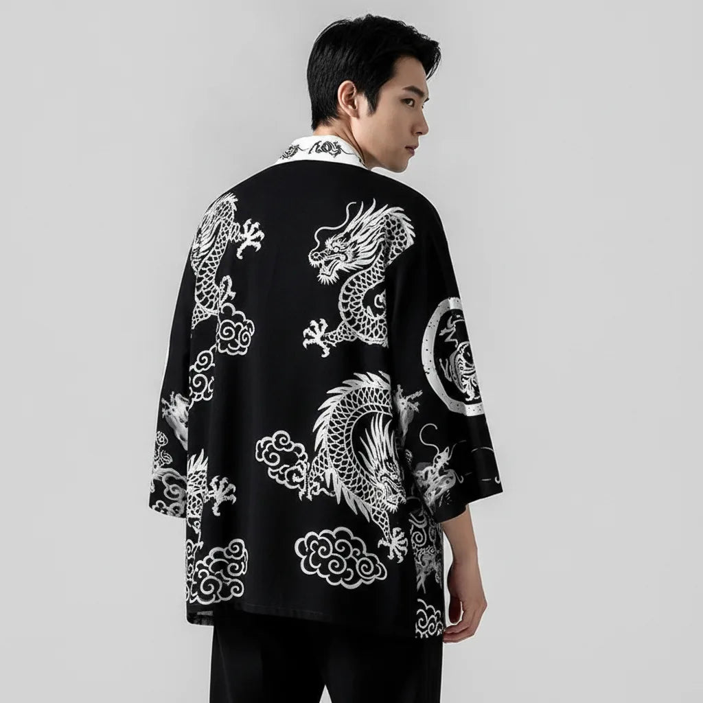 Cardigan kimono homme motif dragon calligraphique