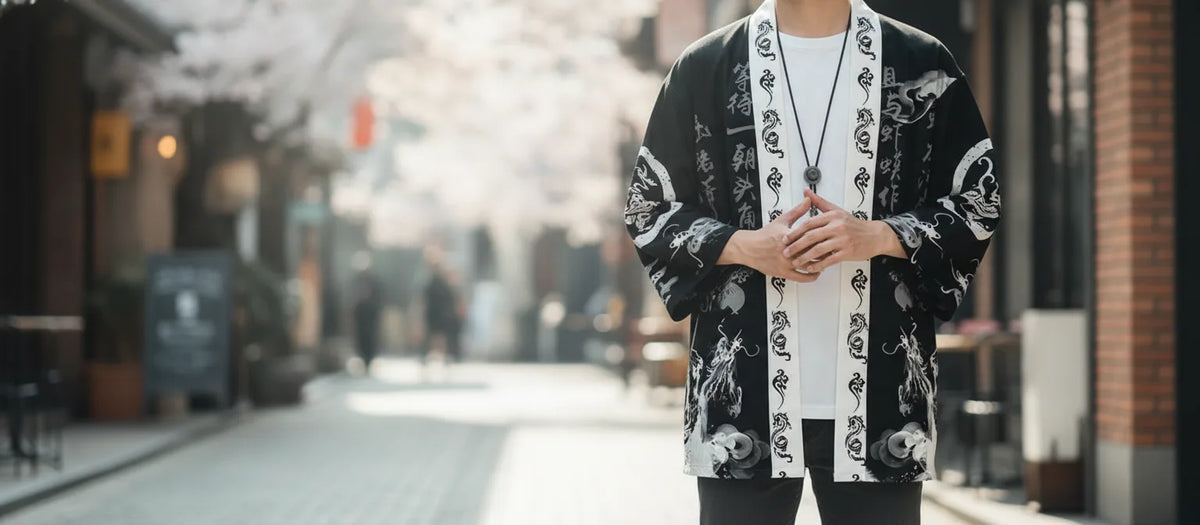 Cardigan kimono homme motif dragon calligraphique