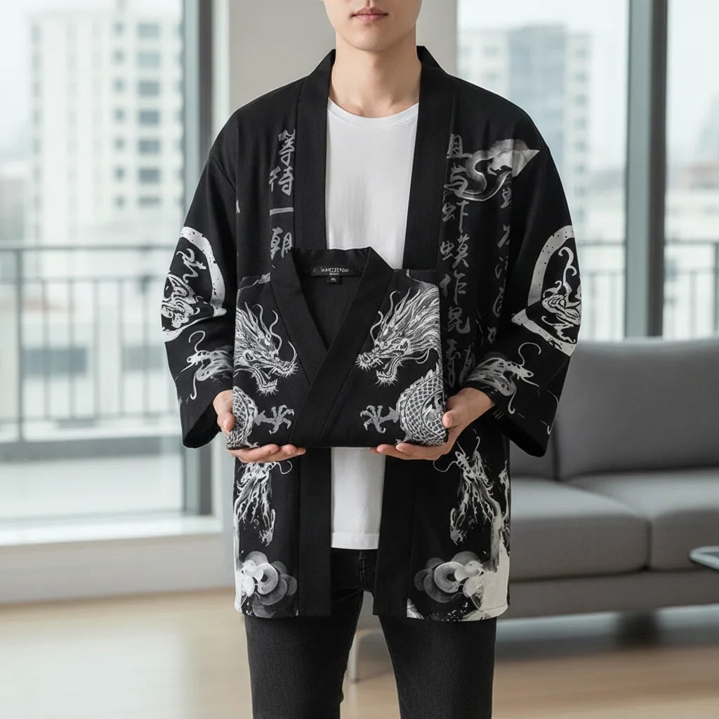 Cardigan kimono dragon calligraphie