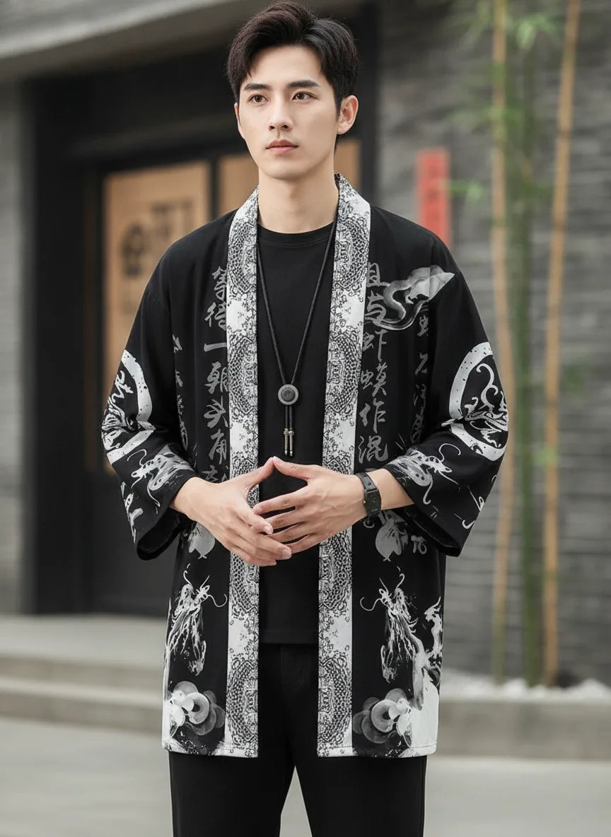 Cardigan kimono dragon calligraphie