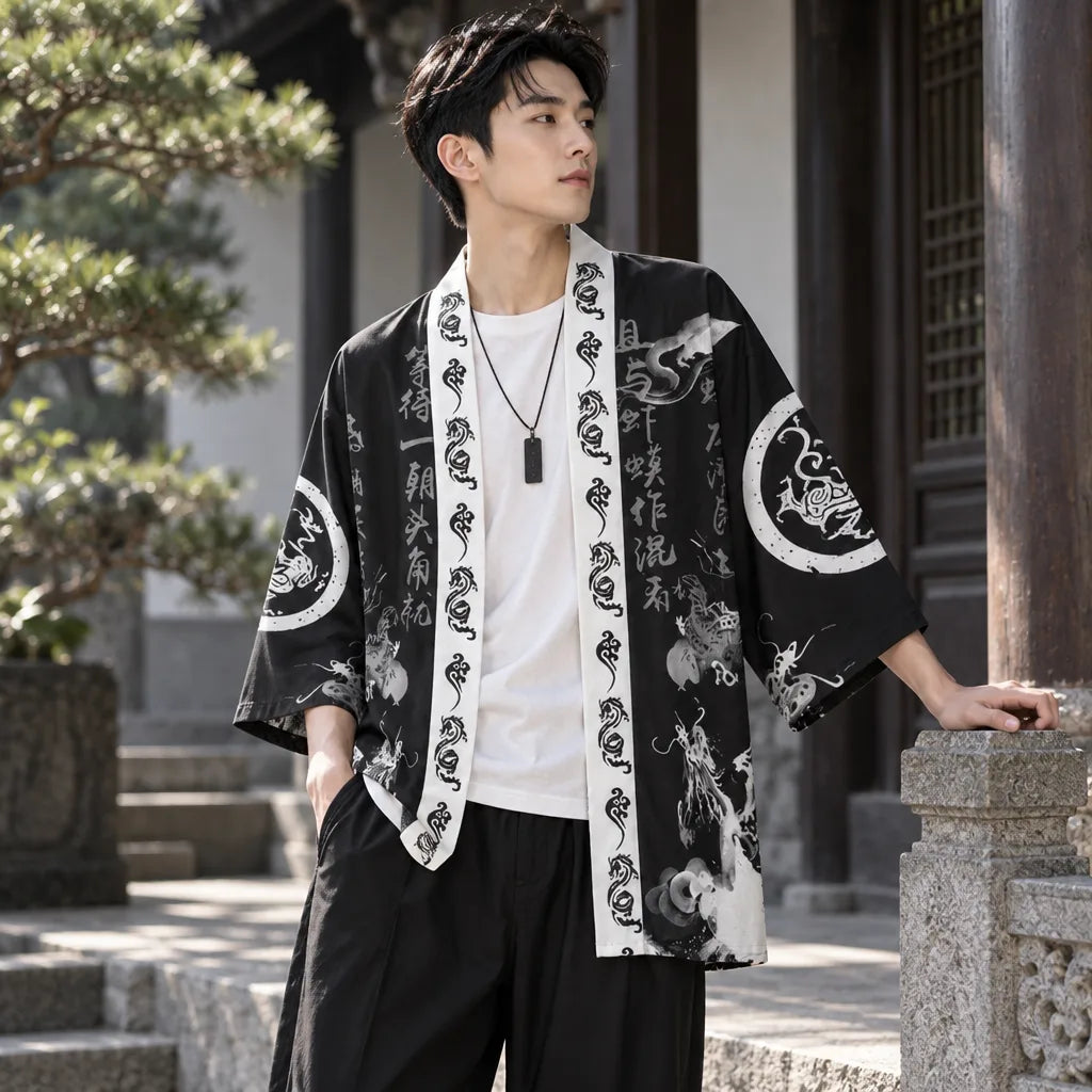 Cardigan kimono dragon calligraphie