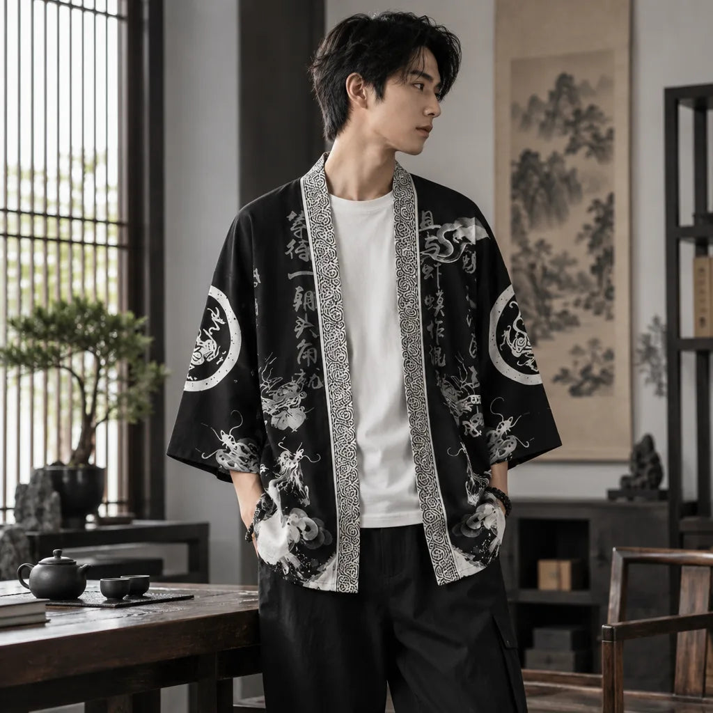 Cardigan kimono dragon calligraphie