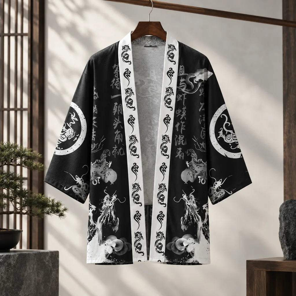 Cardigan kimono dragon calligraphie